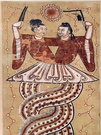 In Chinese legend, Fuxi and Nüwa are depicted with human heads and snake bodies