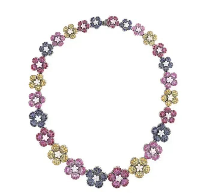 Platinum, multi-colored sapphire, and diamond flower necklace