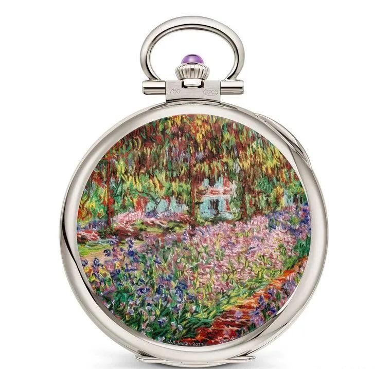 This pocket-sized work of art, making its debut in London, is a miniature enamel painting based on Monet's work, depicting light shimmering on purple irises. The artists used 20 different colors and fired the piece 28 times at temperatures up to 900 degrees Celsius.