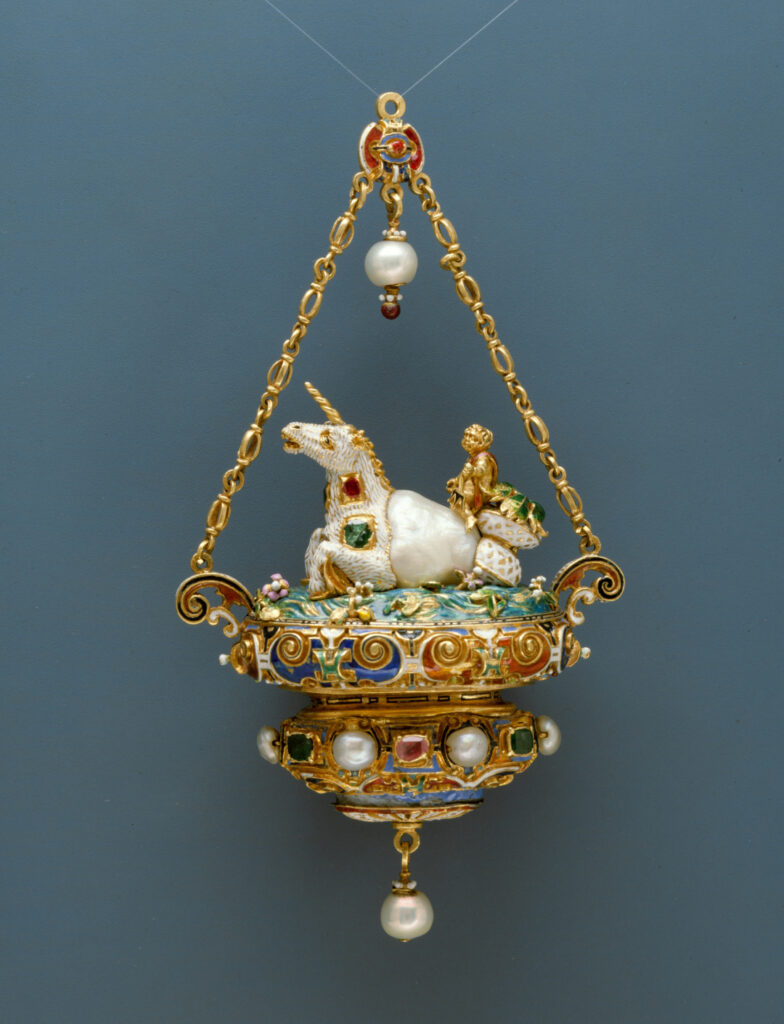 A unicorn with a baroque pearl as its body