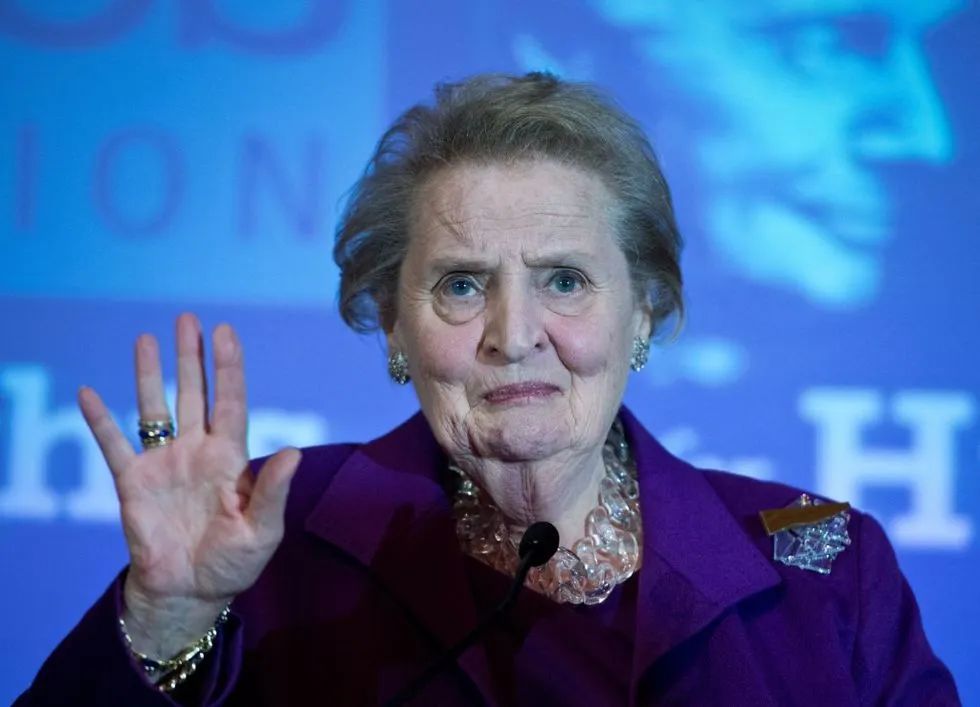 Madeleine K. Albright wearing the "Breaking the Glass Ceiling" brooch