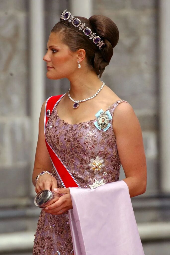 Queen Victoria of Sweden wearing the Napoleon Amethyst Parure in different styles