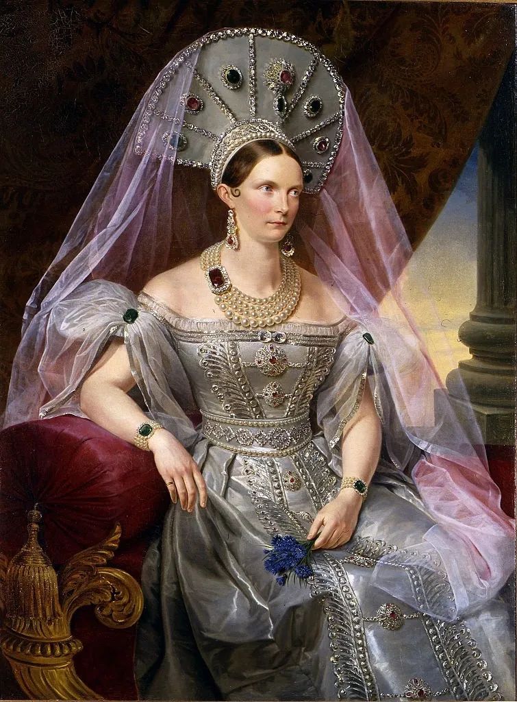 Tsar Nicholas I's wife, Empress Alexandra Feodorovna, wearing numerous Russian emeralds