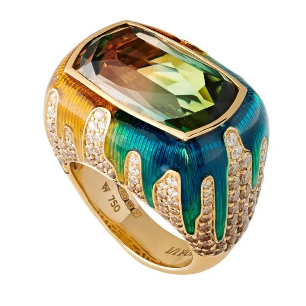 Stephen Webster Full Bleed Ring
Bi-color tourmaline, brown diamonds, white diamonds, enamel