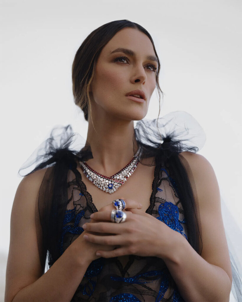 Keira Knightley wearing Chanel's high jewelry sapphire pieces