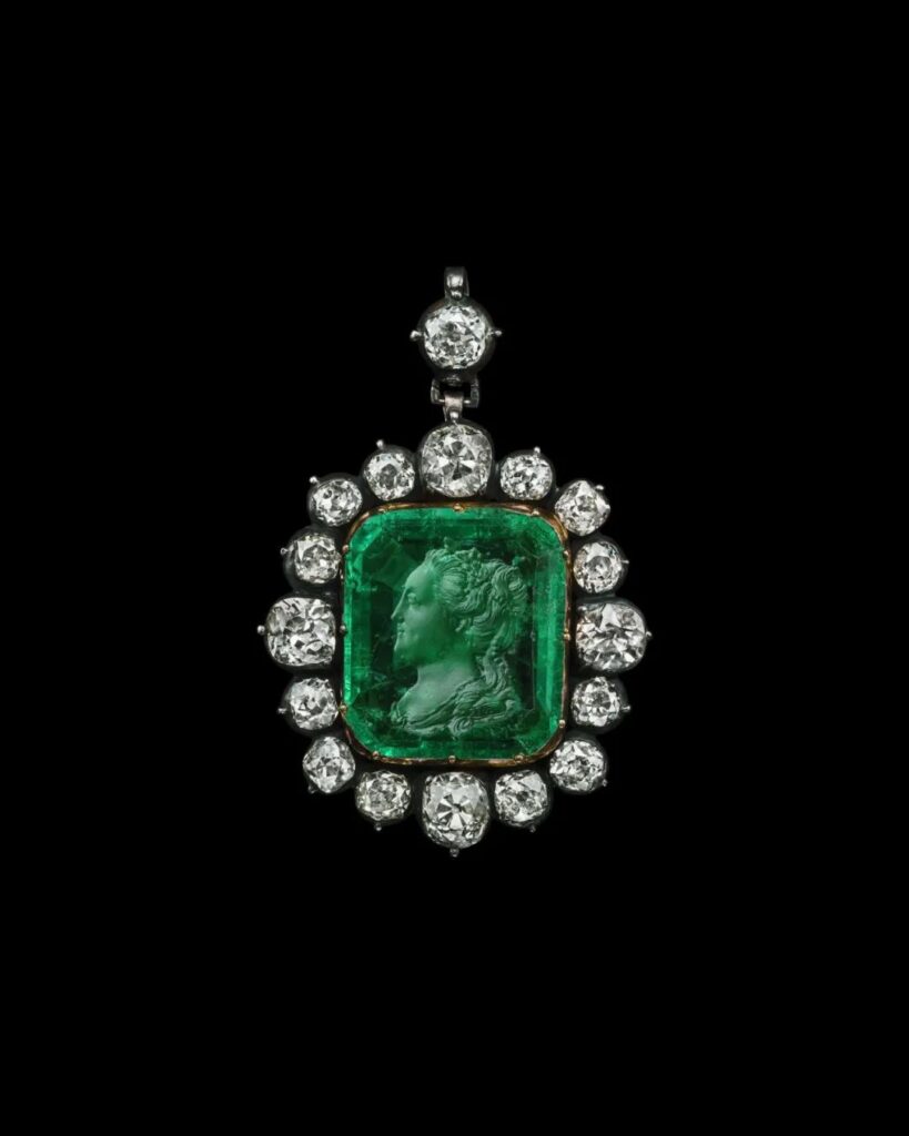 Intaglio emerald portrait of Russian Empress Catherine II, 18th century, emerald, diamonds, gold, silver, private collection