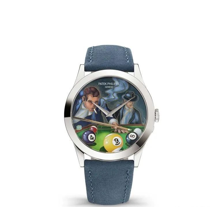 The smoky atmosphere of a billiards club is perfectly captured on this wristwatch, decorated with Grand Feu cloisonné enamel. This is a limited edition of ten pieces.