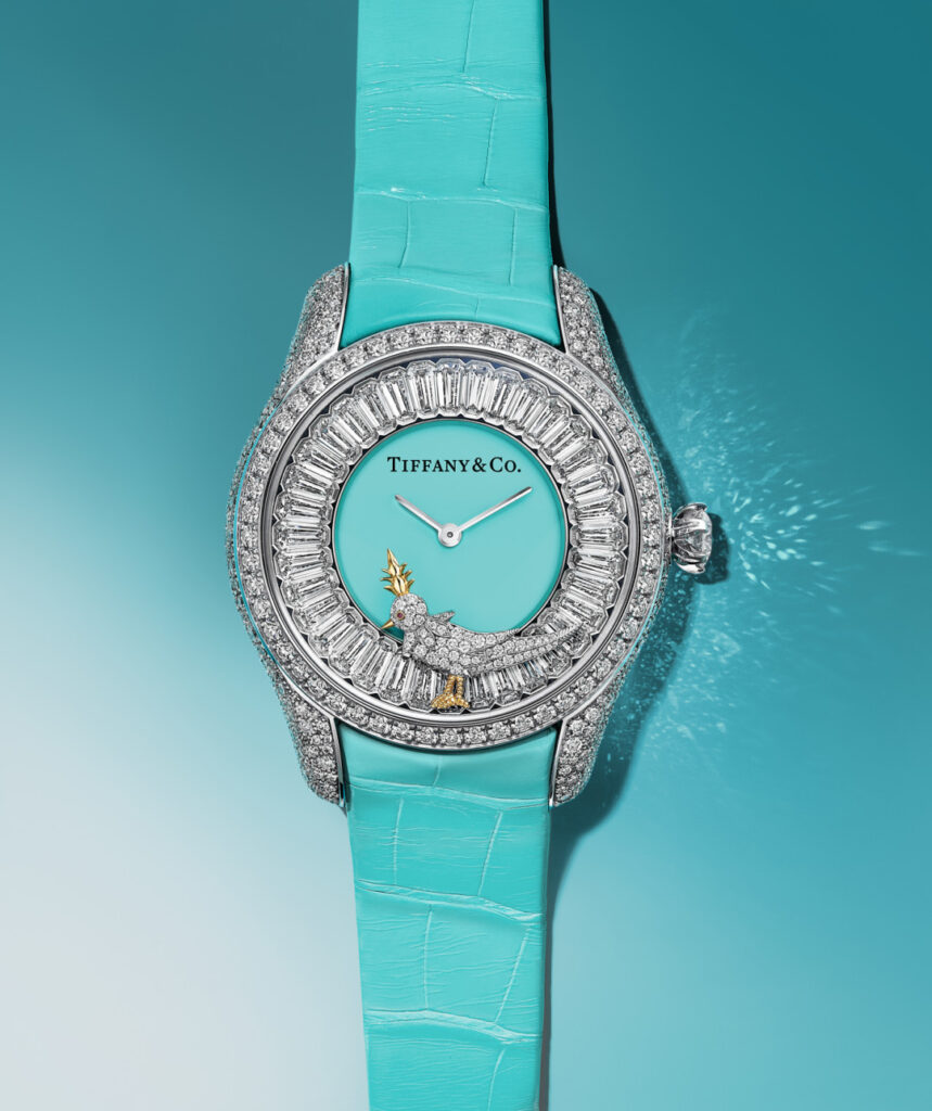 Jean Schlumberger by Tiffany "Bird on a Rock" 39mm watch, 18K white gold set with diamonds, Tiffany Blue lacquered dial