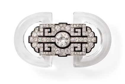 Cartier
Platinum, white gold, old-style cut and single-cut diamonds, colorless crystal
Black enamel brooch, 1926