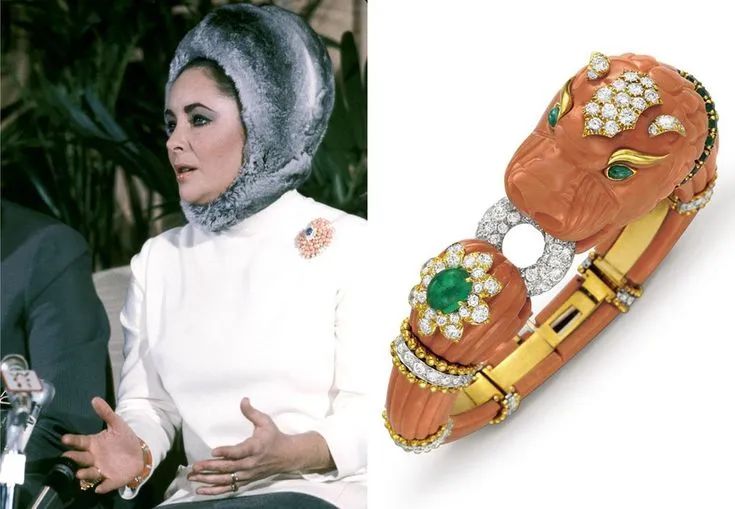 Elizabeth Taylor wearing David Webb's coral lion bracelet