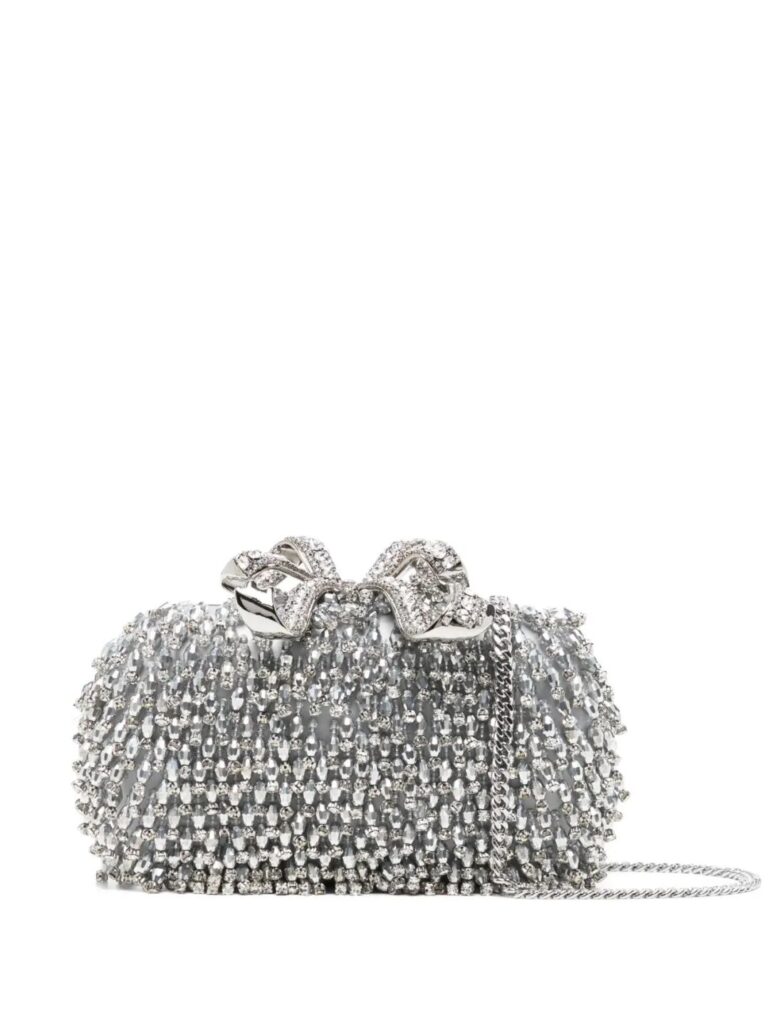 Self-Portrait Bow Pearl-embellished Silver Clutch