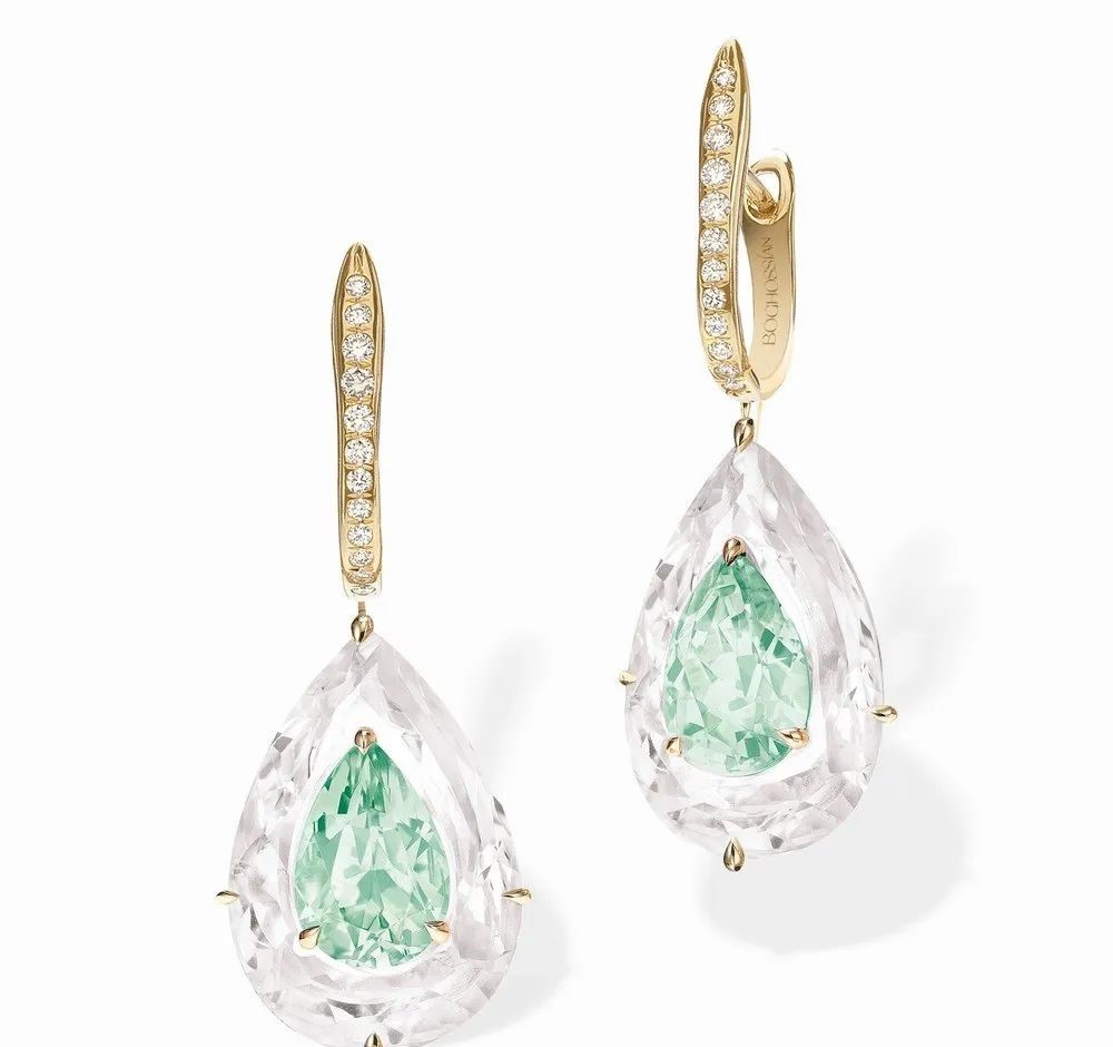 Inlay Shine Gold Earrings, by Boghossian.
Set with two pear-cut light green tourmalines totaling 5.95ct, two pear-cut crystals totaling 25.5ct, and round brilliant-cut diamonds.