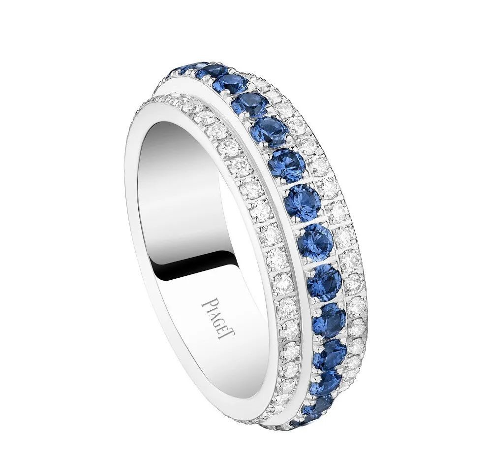 Possession White Gold Ring, by Piaget
Set with 29 brilliant-cut sapphires totaling 1.50ct and 86 brilliant-cut diamonds totaling 0.78ct.