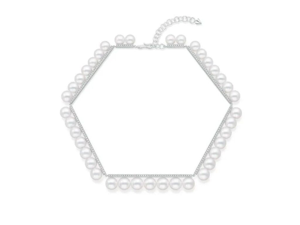 balance luxe diamonds pave necklace; South Sea white pearl, diamonds, 18K white gold