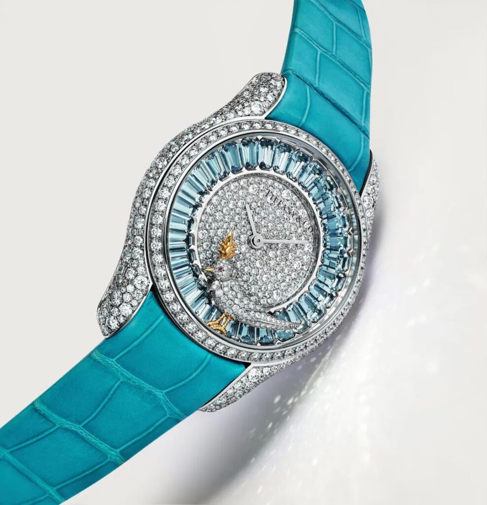 Jean Schlumberger by Tiffany "Bird on a Rock" 36mm watch; 18K white gold set with diamonds and sapphires