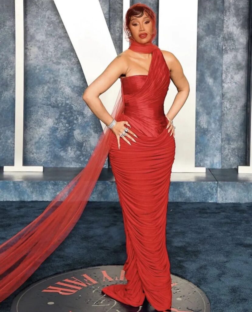 Cardi B wearing a custom Robert Wun piece on the red carpet