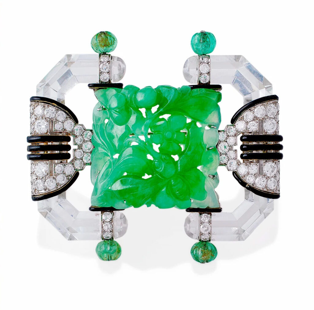 Mauboussin brooch
Carved jade, diamonds, crystal